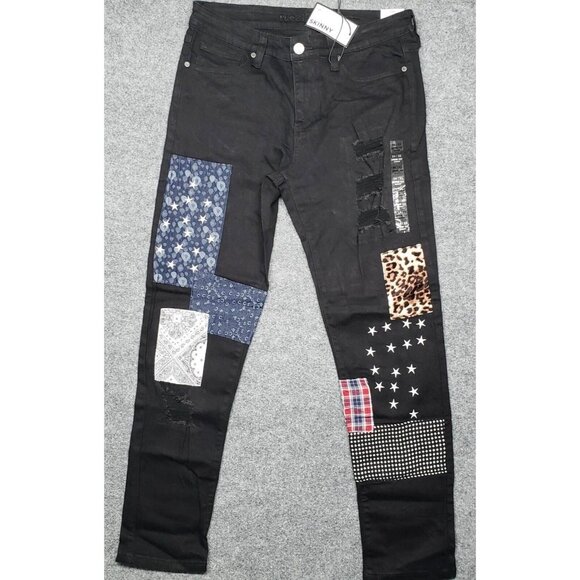 Rue21 Jeans Mens 34X32 Black Denim Supreme Flex Skinny Distressed Patchwork New - Picture 1 of 12